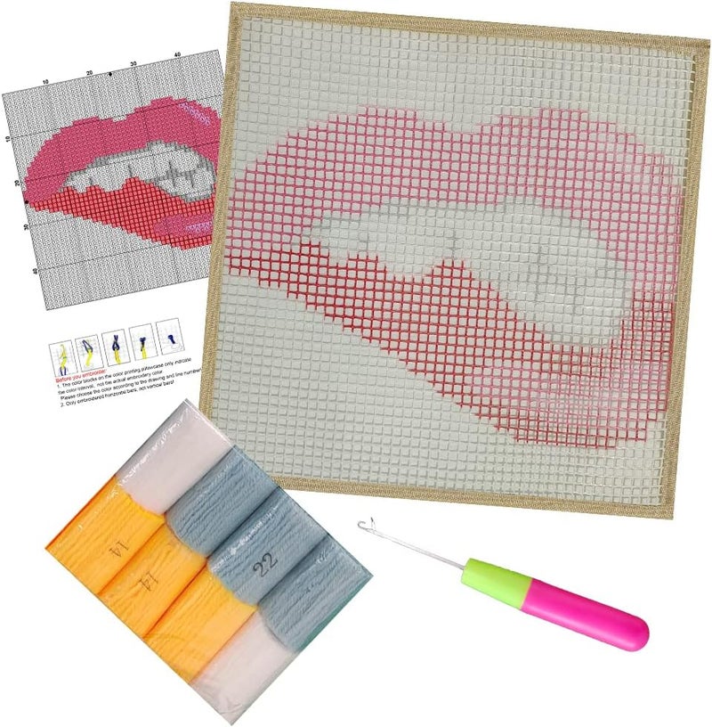 Numptain Latch Hook Kits for Adults,DIY Rug Crafts Red Lips Pattern Color Printed Canvas,Latch Hook Kits for Beginners Handmade Needlework Crafts Home Decoration,12"x12" - Image 3